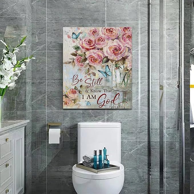 Farmhouse Rose Wall Art Christian Scripture Pictures Pink Rose Wall Decor Rustic Floral Butterfly Canvas Print Painting Artwork for Bathroom Living Room Bedroom 20"x24"-PurrikoPets