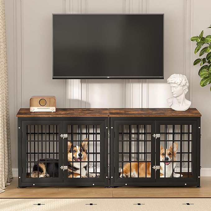32 Inch Heavy Duty Dog Crate Furniture for Medium and Small Dogs, Decorative Pet House End Table, Wooden Cage Kennel Furniture Indoor, Rustic Brown-PurrikoPets