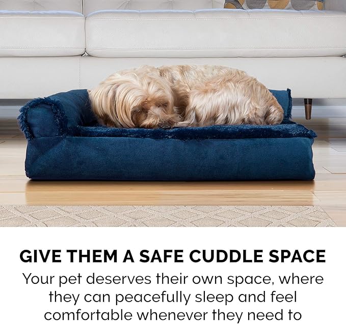 Furhaven Cooling Gel Dog Bed for Large Dogs w/ Removable Bolsters & Washable Cover, For Dogs Up to 125 lbs - Plush & Velvet L Shaped Chaise - Deep Sapphire, Jumbo Plus/XXL-PurrikoPets