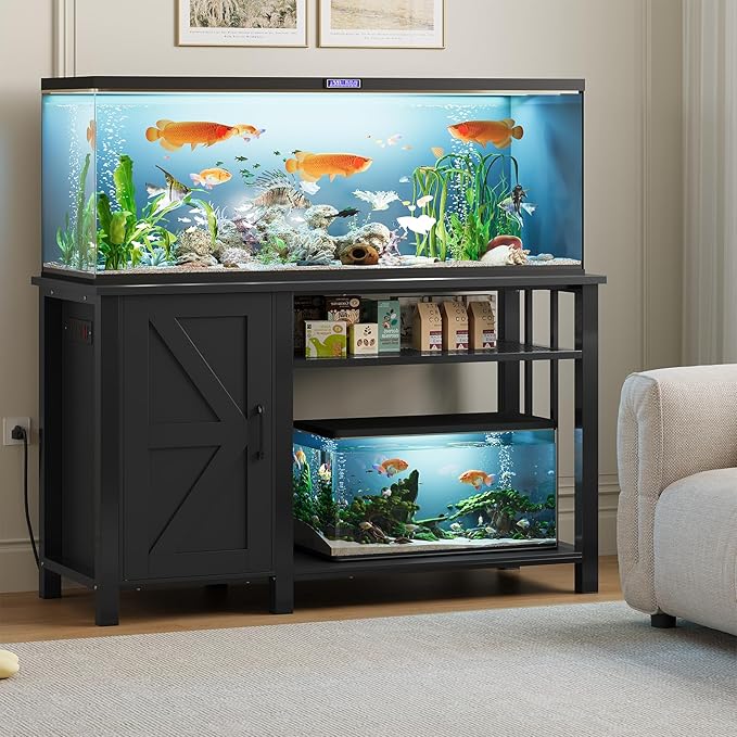 55-75 Gallon Fish Tank Stand with Power Outlet & Adjustable Shelf, Heavy Duty Aquarium Stand with Cabinet Storage for Fish Tank, Turtle Tank, Reptile Terrarium, 1000LBS Capacity, Black-PurrikoPets