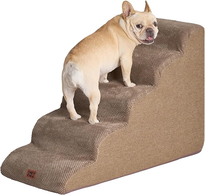 EHEYCIGA Curved Dog Stairs Ramp for High Beds 22.6" H, 5-Step Dog Steps for Small Dogs and Cats, Pet Stairs for High Bed Climbing, Non-Slip Balanced Pet Step Indoor, Camel-PurrikoPets