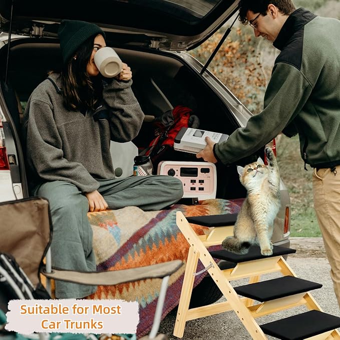 Foldable Dog Stairs/Ramp with 4 Steps - Durable Wooden Pet Stairs for Small, Medium, Large Dogs - Black (5098)-PurrikoPets