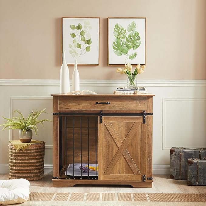 EDYO LIVING 38" Large Dog Crate Furniture with Sliding Barn Door, Wooden Dog Kennel with Drawer for Storage, Water Resistant Indoor Furniture Style Dog Crate for Small/Medium/Large Dog, Rustic Oak-PurrikoPets