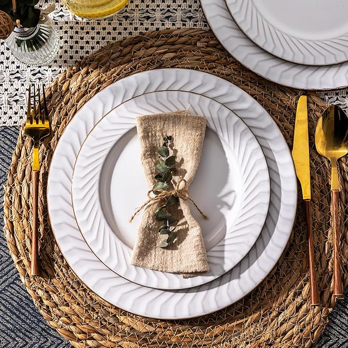 GBHOME Ceramic Dinnerware Sets,12 pcs Embossed Elegant Stoneware Plates and Bowls Sets, Housewarming Wedding Gift | Dishwasher & Microwave Safe | Dishes Set Service for 4-PurrikoPets