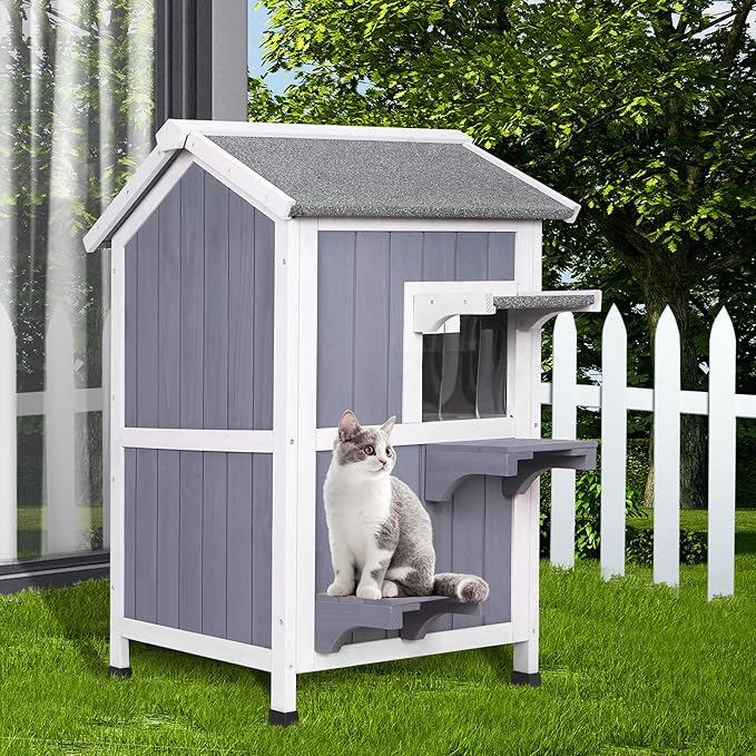 GEGURI Outdoor Cat House Weatherproof, Wooden Two-Story Feral Cat Shelter with Openable Roof, Escape Door, Balcony-PurrikoPets