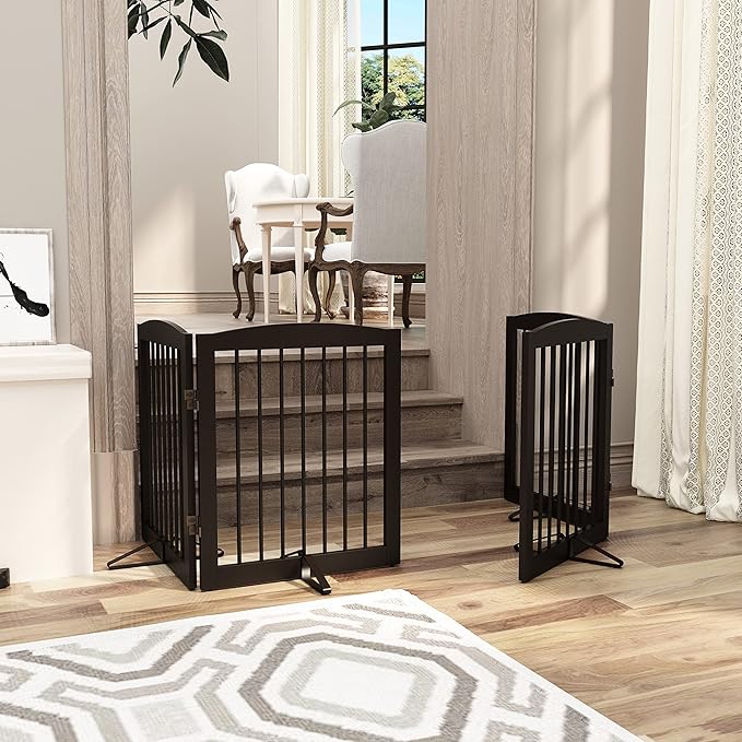 Freestanding Pet Gate for Dogs, Foldable Wooden Dog Gate for House, Indoor Pet Barrier for Stairs, Doorways, Support Feet Included, 24" Height 2 Panels, Brown-PurrikoPets