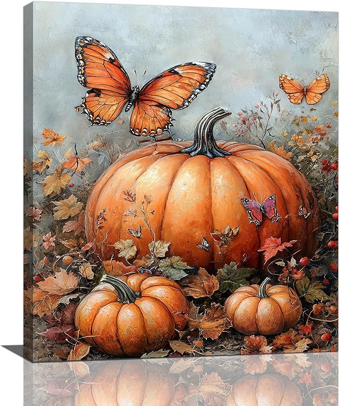 Fall Pumpkin Pictures Wall Art, Rustic Thanksgiving Bathroom Wall Decor, Farmhouse Autumn Butterfly Framed Painting Canvas Artwork for Harvest Gift Bedroom Living Room Decorations 24"L x 20"W-PurrikoPets