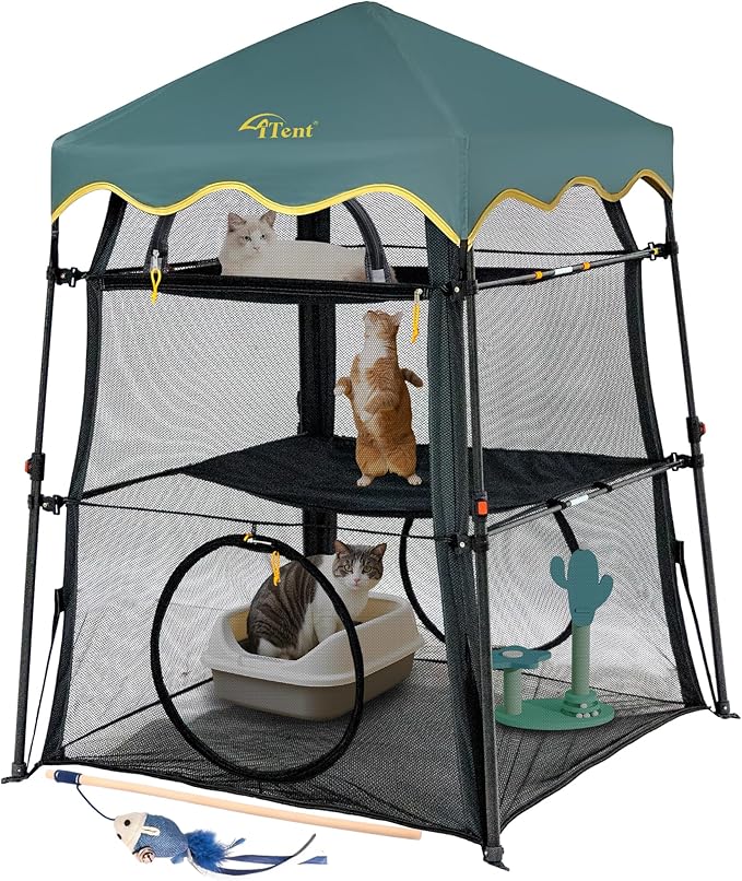 Extra Large Catio Outdoor Cat Enclosure,3 Tier Cat Tower Tent Weatherproof & Sunproof with 3 Doors, Foladable and Portable for Patio, Deck,Camping, Indoor & Outdoor(Patented)-Wave Shade-PurrikoPets