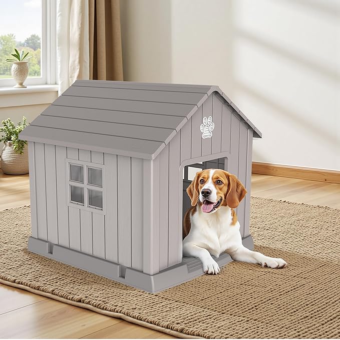 DRATO Dog House Indoor Outdoor for Small to Large Sized Dogs Indoor Outdoor Doghouse Puppy Shelter with Elevated Floor, Easy to Assemble (Light Brown, 38Inch(37.8 * 40.87 * 38.82))-PurrikoPets