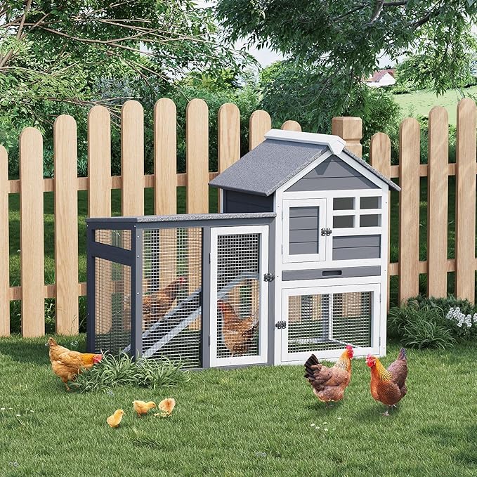 2-Tier Rabbit & Chicken House,Wooden Chicken Coop & Bunny Cage with Non-Slip Ramp, 4 Doors,Waterproof Roof & Pull-Out Tray,Outdoor/Indoor Pet Cage-PurrikoPets