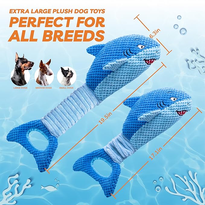 Dog Toys for Large Dogs, Squeaky Dog Toys for Aggressive Chewers, Plush Dog Chew Toys for Teething, Interactive Shark Dog Toys to Keep Them Busy Tug Of War Puppy Toys for Small,Medium,Large Breeds-PurrikoPets