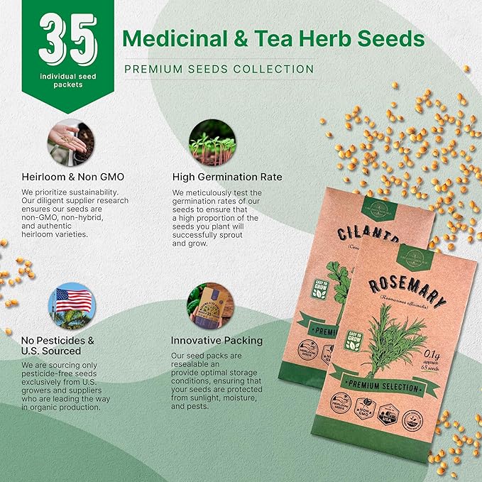 35 Medicinal & Tea Herb Seeds Variety Pack for Indoor & Outdoors. 16,335+ Non-GMO Heirloom Garden Seeds: Anise, Bergamot, Borage, Cilantro, Chamomile, Dandelion, Rosemary Seeds & More-PurrikoPets