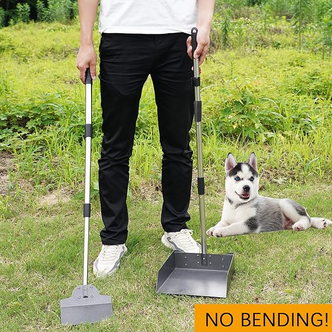 Dog Pooper Scooper for Large Dogs, Metal Aluminum Tray and Spade Poop Scoop Set with Adjustable Stainless Steel Long Handle, Pet Waste Removal Heavy Duty Poop Scooper-PurrikoPets