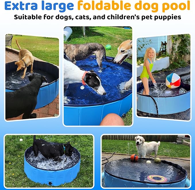 71" x 12" Foldable Dog Pool - Collapsible Hard Plastic Kiddie Pool for Dogs & Kids, Non-Slip Pet Bath Tub for Outdoor Backyard Use, Lightweight & Portable (Blue)-PurrikoPets