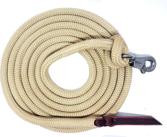 Double Braid Polyester Yacht Horse Lead Rope with Loop 12ft. or 14ft. Lengths (Beige, 14 ft. No Snap)-PurrikoPets