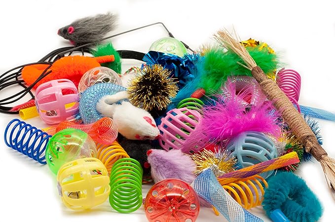 Fashion's Talk Cat Toys 50 Pcs for Indoor Cats,Interactive Door Hanging Mice Feather Toy Cat Spring Toy Cat Wand Catnip Crinkle Balls Silvervine Sticks Balls Kitten Toys Bulk-PurrikoPets