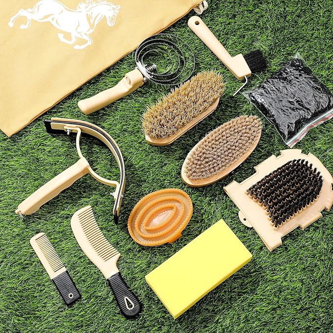Abbylike 12 Pieces Horse Grooming Kit Racing Festival Tack Room Supplies Horse Brush Sets Equine Care Cleaning Kit Shedding Grooming Massaging Tools(Khaki)-PurrikoPets