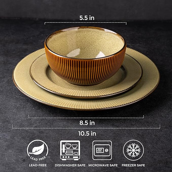 GBHOME Ceramic Dinnerware Sets,12 pcs Embossed Elegant Stoneware Plates and Bowls Sets, Housewarming Wedding Gift | Dishwasher & Microwave Safe | Dishes Set Service for 4-PurrikoPets