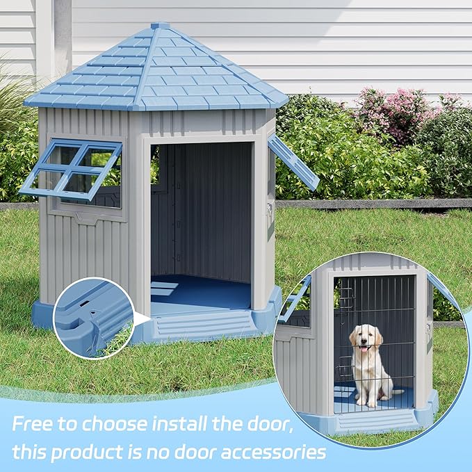 Durable Dog House Indoor Outdoor for Small Medium Dogs, Weatherproof Puppy Shelter with Elevated Floor & Air Vents, Easy Clean and Assemble (Blue, 36.61L*29.5W*37.4H)-PurrikoPets