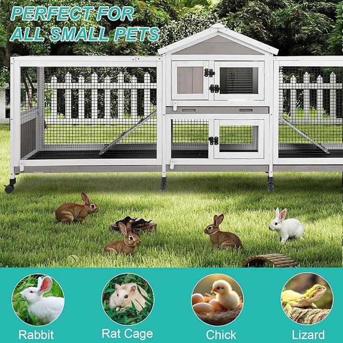 2-Tier Rabbit Hutch with Wheels, Indoor & Outdoor Small Animal Cage with Deep Pull-Out Tray, Anti-Chew Frame, Habitat for Bunny, Guinea Pig, Chinchilla (93" L x 19" W x 35" H)-PurrikoPets