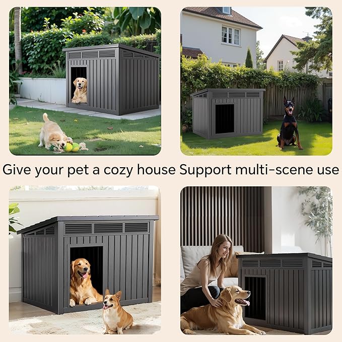 Dog House Indoor Outdoor,Resin Waterproof Puppy Shelter with Air Vents and Elevated Floor,Air Rod on Top to Open,Dog Kennel for Small to Medium Dogs(Black,32.2 * 25.12 * 24.13)-PurrikoPets