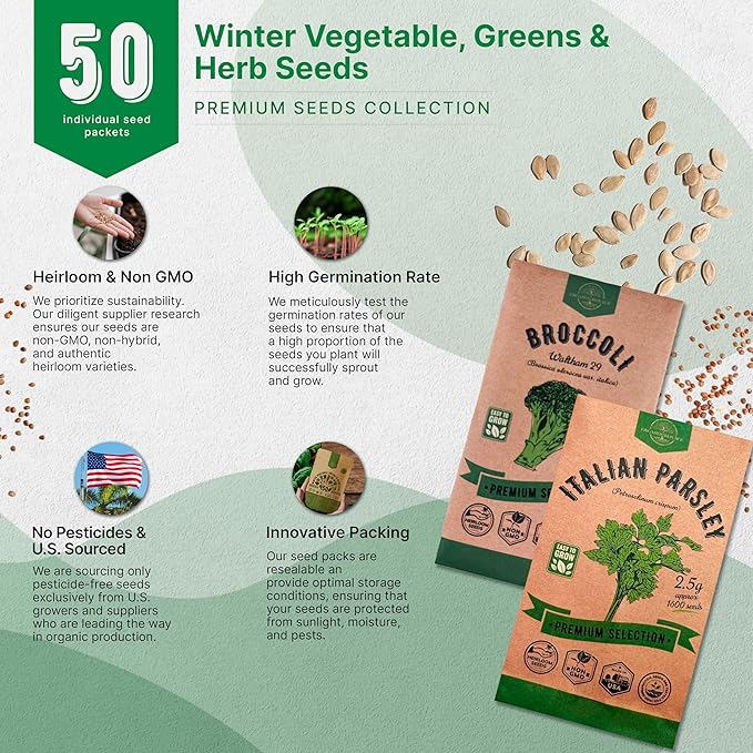 50 Winter Vegetable Garden Seeds Variety Pack - 43,450+ Non-GMO Heirloom Seeds for Outdoors & Indoor Home Gardening, Including Kohlrabi, Lettuce, Radish, Onion, Choy, Spinach, Cauliflower, Collards-PurrikoPets