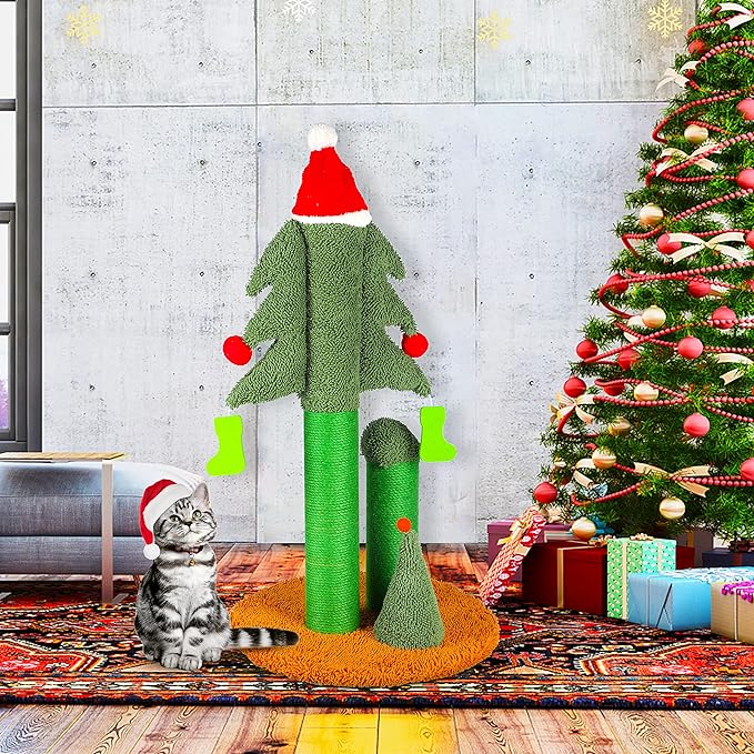 32” Cat Scratching Post, Tall Christmas Tree Cat Scratcher with 3 Posts and Cute Dangling Teaser Balls, Natural Sisal Rope Cat Toys for Kitty and Adult Cats-PurrikoPets