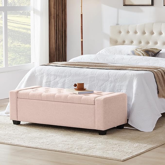 48" Ottoman with Storage, Pink Storage Ottoman Bench with Safety Hinge, Upholstered Entryway Bench with Seating for Bedroom, Living Room, Holds up to 330 lb-PurrikoPets
