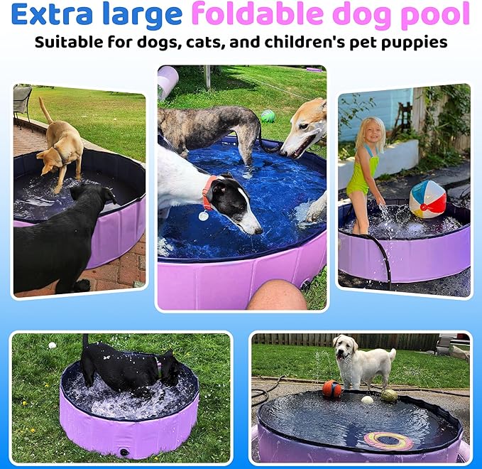 2025 Updated Foldable Dog Pool, 39.5" x 12" Kiddie Pool with Hard Plastic, Non-Slip Dog Bath Tub for Outdoor Backyard, Collapsible Dog Swimming Pool for Kids Dogs Pets (Pink)-PurrikoPets