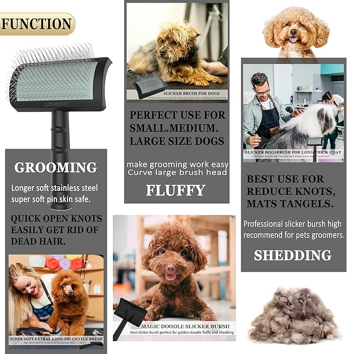 Dog Slicker Brush for Poodles,Doodles,Goldendoodles Grooming Fluffy Shedding Tangles Mats Knots Easy and Quick Best Dog Slicker Brush for Long Thick Curly Coat Labradoodles Dematting.25mm(1'')-PurrikoPets