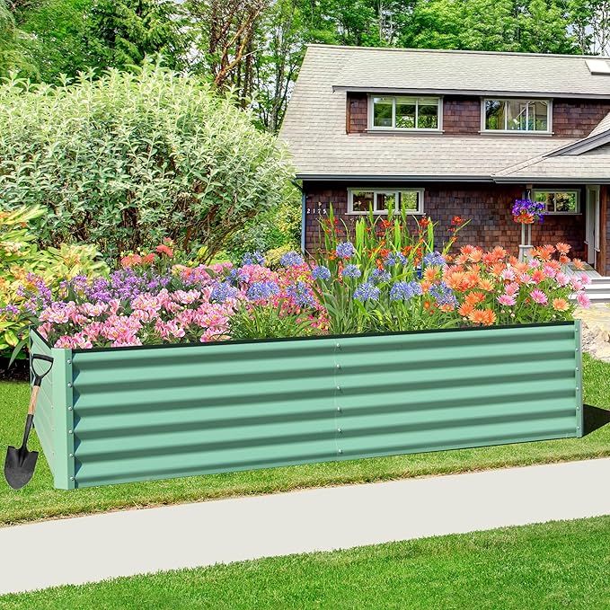 Domi Raised Garden Beds Outdoor, 6x3x1.5Ft Thickening Tall Metal Rectangular Deep Root Box Planter for Vegetables, Flowers, Herbs, and Succulents 1.5" Deep w/ 192 Gallon Capacity - Green-PurrikoPets