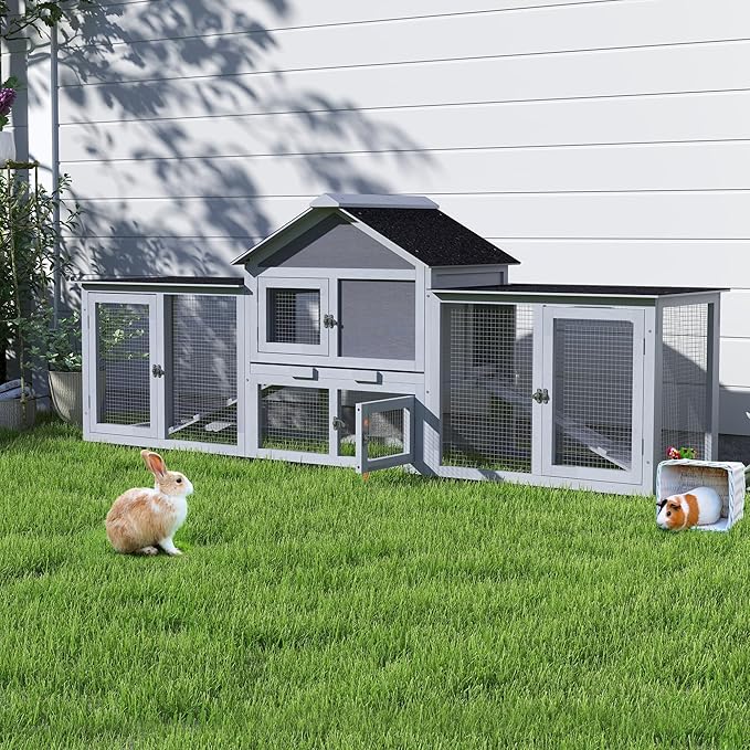 82.5” Large Wooden Rabbit Hutch Outdoor Easy to Assemble Rabbit Cage and Durable Bunny Hutch Indoor with Cleaning Tray & Waterproof Roof for Small and Medium Bunny Rabbit Chick (Grey)-PurrikoPets