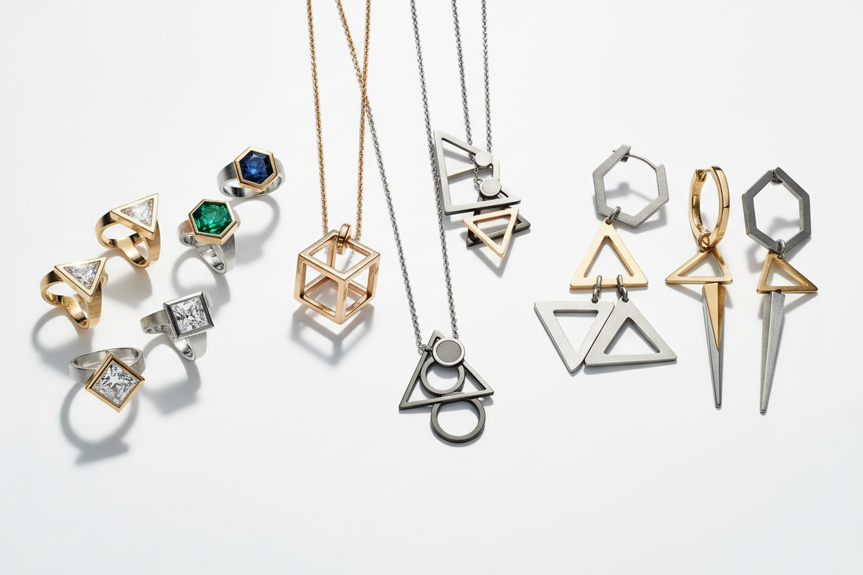 Bold Geometry: Edge-Set Rings, Pendants & Statement Earrings