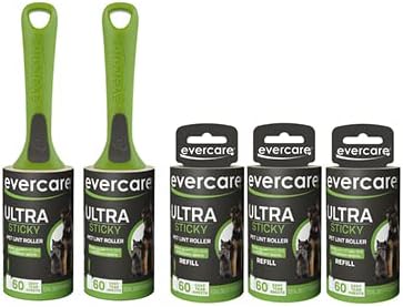 Evercare Ultra Sticky Pet Lint Roller Value Pack with 2 Lint Rollers and 3 Refill Rolls, 60 Sheets Each Multicolor-PurrikoPets