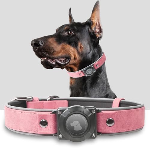 AirTag Dog Collar - Leather Dog Collar with Air Tag Holder | IPX8 Waterproof, Reflective, High - End, Adjustable Soft Padded | Dog GPS Tracker Collars Fit for Medium Large Dogs (Rose, XL)-PurrikoPets