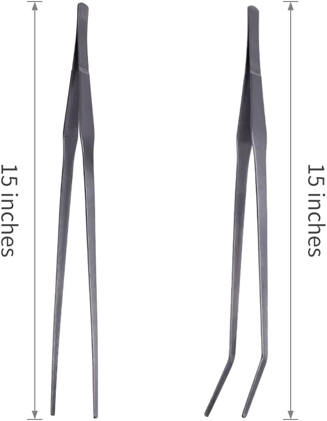 Extra Long Handle Aquarium Tweezers Serving Tongs Feed clamp,2 Pack Stainless Steel Straight and Curved Tweezers Set for Fish Tank Plants Reptile Feeding Tongs（15 Inchs）-PurrikoPets