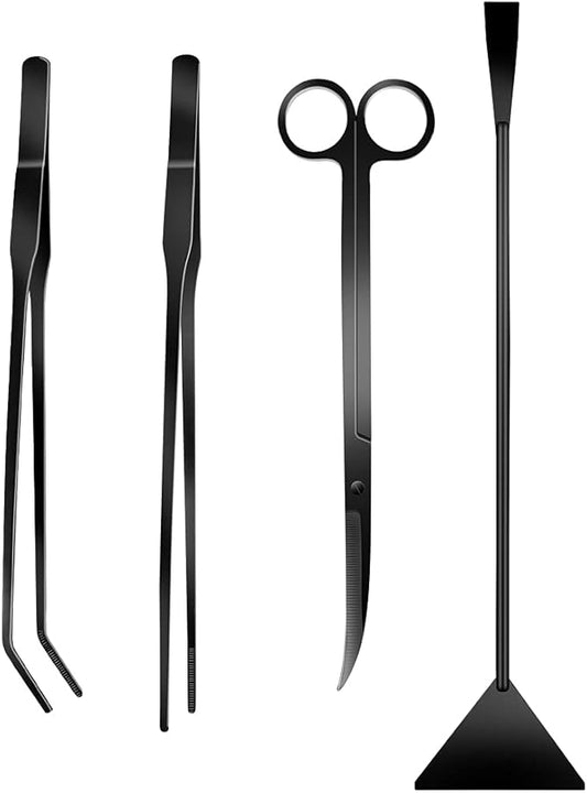 4Pcs Aquascaping Tools Kit, Long Stainless Steel Aquarium Plant Tools with Black Anti-rust Coating, Aquarium Tweezers, Scissors, and Scrapers for Aquascaping Cleaning（Magnetic Tool Holder）-PurrikoPets
