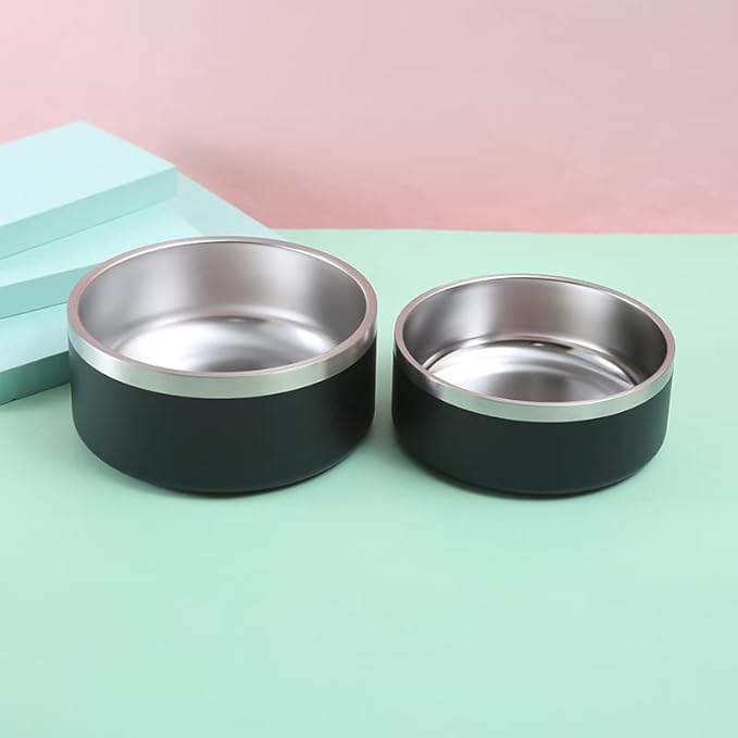 64 oz Black Anti-Skid Dog Bowl, Vacuum Insulated, Powder Coated, Stainless Steel, Non-Slip, Easy to Clean-PurrikoPets