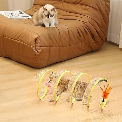 2Pcs Folded Cat Tunnel Toy for Indoor Cats,Collapsible Pet Spring Cat Toys with Feather Mouse Upgrade Interactive Toy Playing Tent for Puppy Kitten Accessories Home Self-Happy Cat Toys (Yellow)-PurrikoPets
