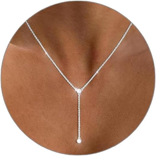 Lariat Silver/Gold Necklace for Women 925 Silver/14K Gold Plated Dainty Long Necklace Y-Shaped Drop Pendant Necklaces Choker Trendy Chain Simple Layered Necklaces CZ Jewelry for Women Set Gift