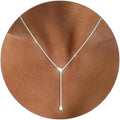 Lariat Silver/Gold Necklace for Women 925 Silver/14K Gold Plated Dainty Long Necklace Y-Shaped Drop Pendant Necklaces Choker Trendy Chain Simple Layered Necklaces CZ Jewelry for Women Set Gift