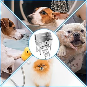 34'' Dog Washing Station for Small Dogs Grooming Tub Bathing Station Professional Pet Wash Station Bathtub for Home with Sliding Door, Faucet, Steps-PurrikoPets