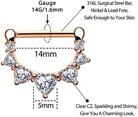 Melighting 2pcs 14G Nipple Rings Surgial Steel 316L Piercing Jewelry Shiny Heart Clear CZ Nipple Bars Rose Gold 14mm