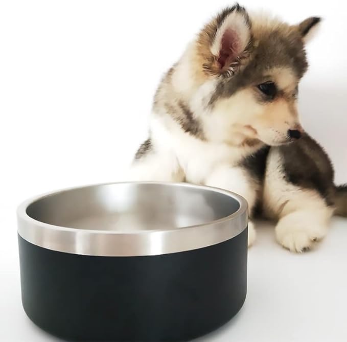 64 oz Black Anti-Skid Dog Bowl, Vacuum Insulated, Powder Coated, Stainless Steel, Non-Slip, Easy to Clean-PurrikoPets