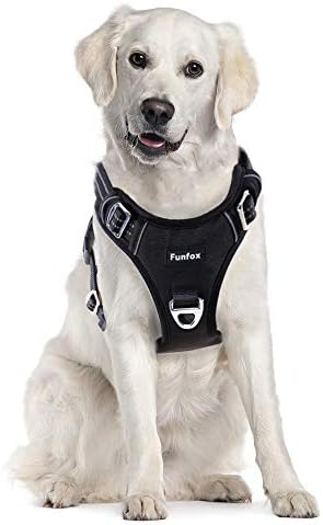 Funfox Dog Harness No Pull, Adjustable Dog Vest Harness Super Soft, 2 Leash Clips Anti Pull, Vertical Handle Easy to Control, Reflective Night Walking for Large Breed, Black, L-PurrikoPets