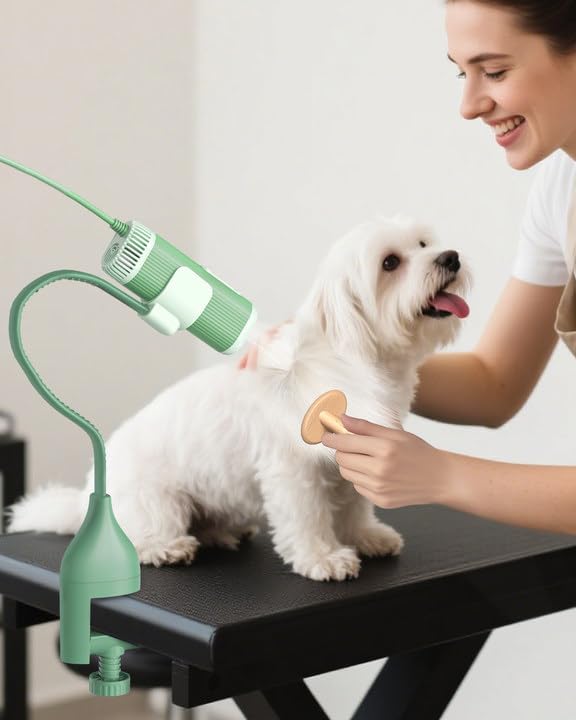 2-in-1 Hands-Free Dog Hair Dryer with Table Clamp – Low Noise Pet Grooming Dryer for Dogs & Cats, Adjustable Heat & Speed, Wearable or Desktop Use(Green)-PurrikoPets