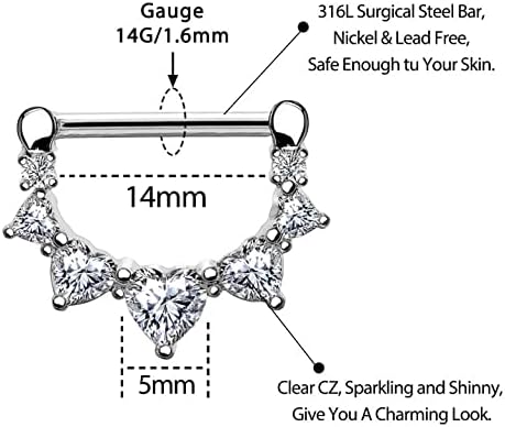 Melighting 2pcs 14G Nipple Rings Surgial Steel 316L Piercing Jewelry Shiny Heart Clear CZ Nipple Bars Rose Gold 14mm