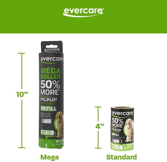 Evercare Pet Mega Lint Roller Value Pack with Two 50-Sheet Refills - Includes Refillable Lint Roller, Adhesive Sheets, Versatile Cleaning Uses, Home and On-The-Go Use, Extendable Handle-PurrikoPets