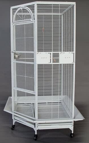 64" Extra Large Corner Bird Flight Breeding Wrought Iron Rolling Parrot Cage Side Solid Metal Plate Feed Doors Pull Out Removable Grate and Tray with Around Metal Seed Guard-PurrikoPets