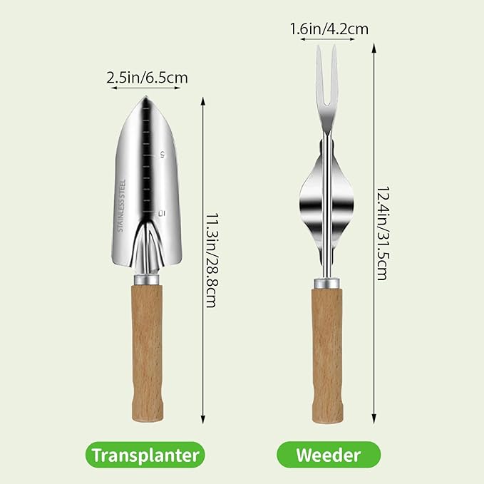 Garden Tool Set, 2 Pieces Stainless Steel Heavy Duty Garden Tools, Garden Kit with Ergonomic Wooden Handle, Durable Garden Tools for Gardening, Gardening Gifts for Women-PurrikoPets